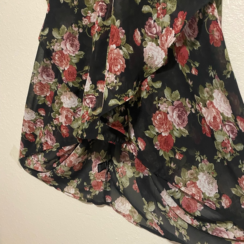 Semi Sheer Floral Asymmetrical Mini Dress Black Rose Print Strappy Small - Picture 3 of 7